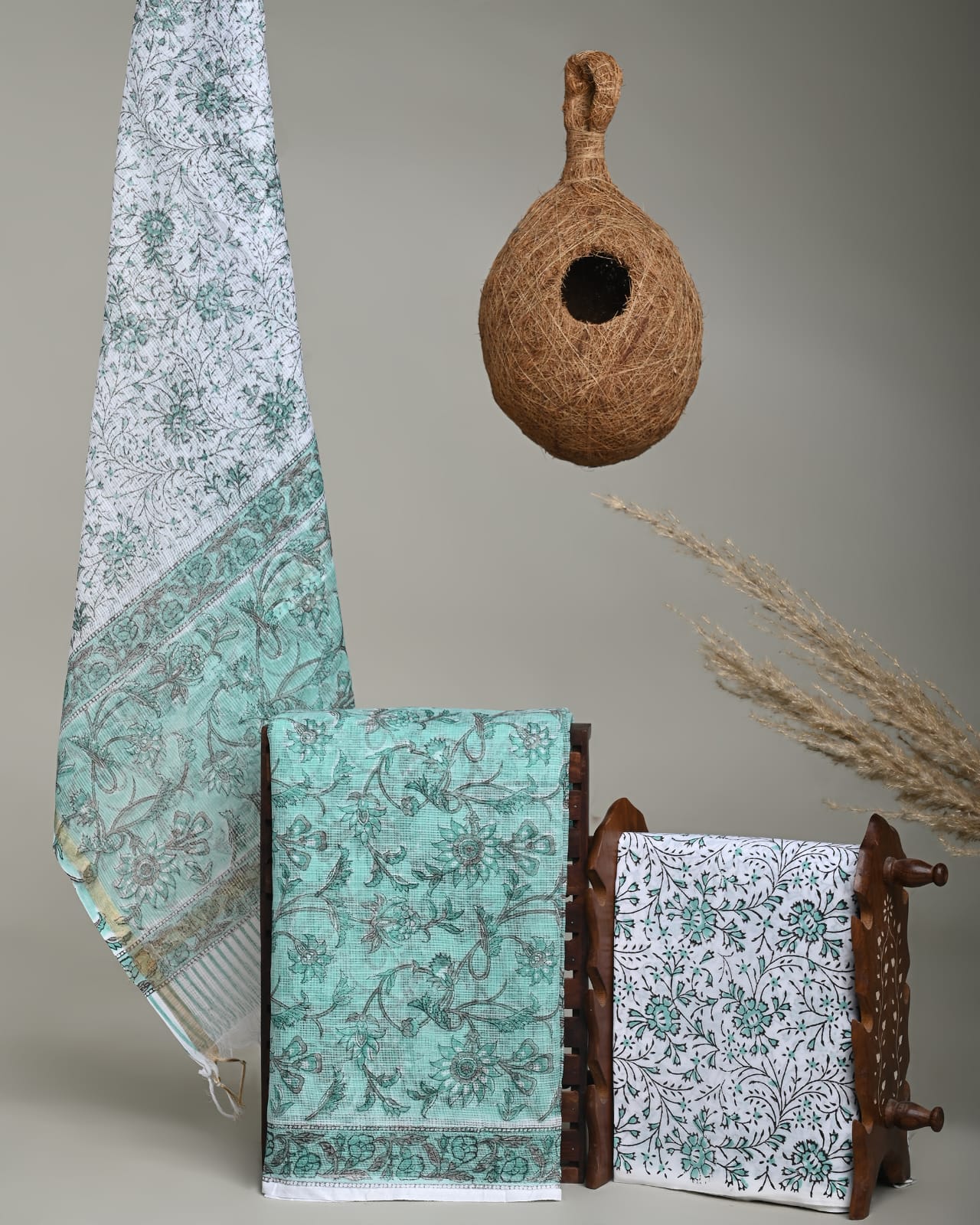 Wholesale Kota Doria Light Blue Floral Jaal Dress Material – Handblock printed, artisan-crafted fabric for boutiques, designers & bulk orders