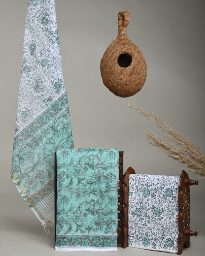 Wholesale Kota Doria Light Blue Floral Jaal Dress Material – Handblock printed, artisan-crafted fabric for boutiques, designers & bulk orders