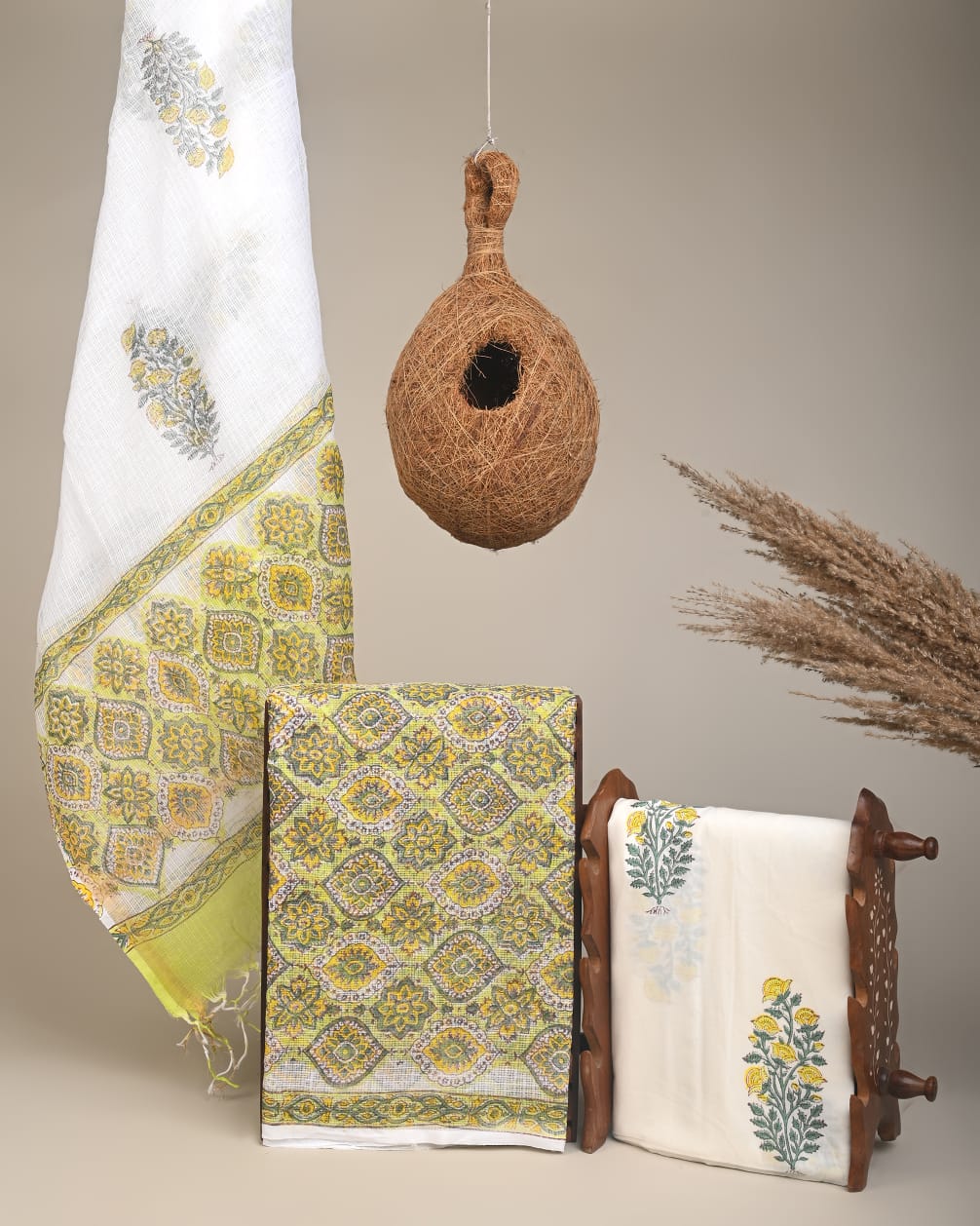 Handcrafted Kota Doria Lime Green Motif Dress Material – Artisan handblock printed fabric for boutiques, designers, and bulk buyers