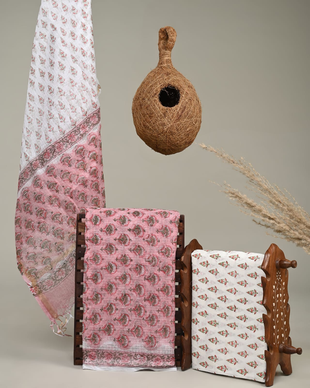 Handblock Printed Kota Doria Peach Butti Dress Material – Artisan-crafted fabric for boutiques, designers & wholesale buyers