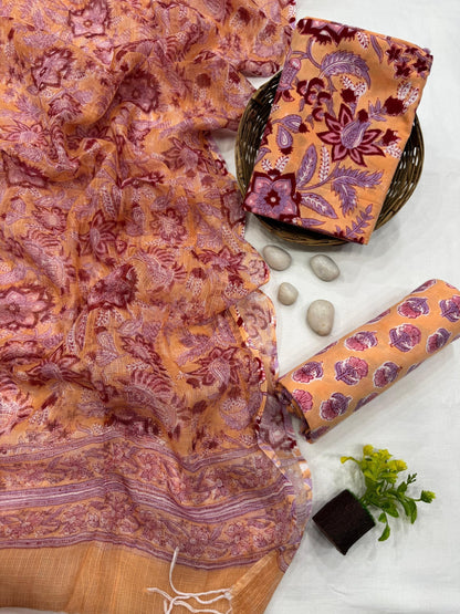 Handblock Printed Kota Doria Peach Floral Jaal Dress Material – Lightweight fabric for designers, boutiques, and wholesale buyers
