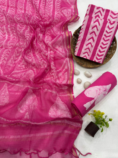 Handblock Printed Kota Doria Pink Geometrical Design Dress Material – Lightweight fabric for boutiques, designers, and wholesale buyers