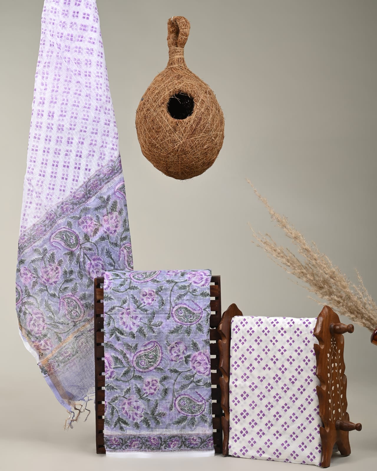 Handblock Printed Kota Doria Purple Jaal Dress Material – Artisan-crafted fabric for boutiques, designers & wholesale buyers