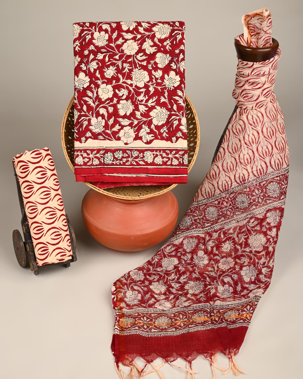 Wholesale Kota Doria Red Floral Jaal Dress Material – Artisan handblock printed fabric for boutiques, designers & bulk orders