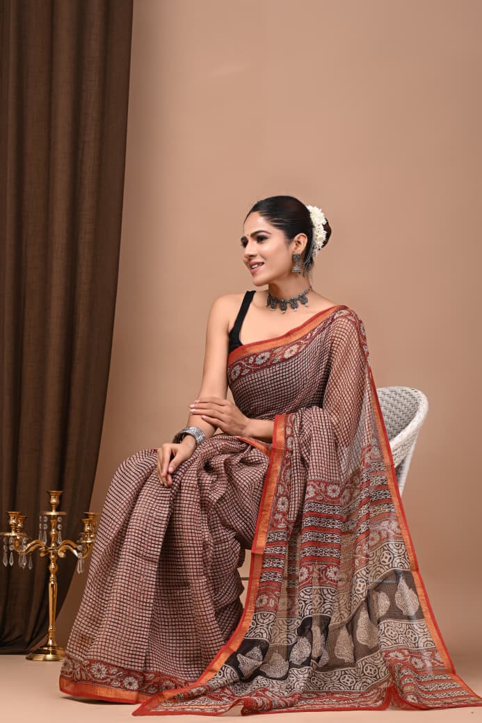 Kota Doria Saree Wholesale in Black Maroon Chex, Pure Cotton, Hand Block Printed, Fabtexs