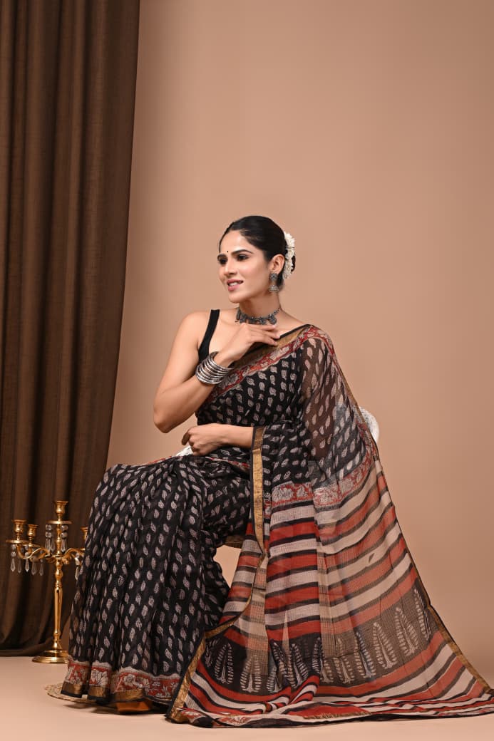 Kota Doria Saree Wholesale in Black Maroon, Pure Cotton, Hand Block Printed, Fabtexs