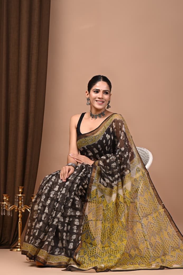 Kota Doria Saree Wholesale in Black Mustard Jaal, Pure Cotton, Hand Block Printed, Fabtexs