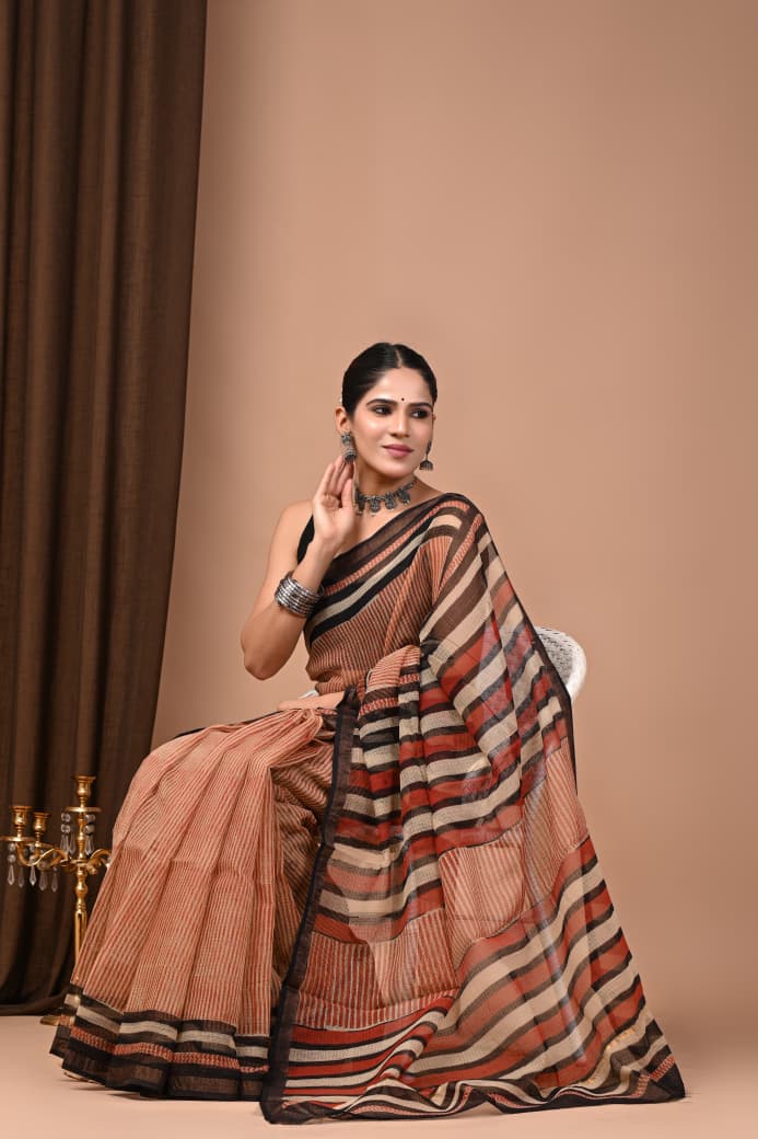 Kota Doria Saree Wholesale in Black Red, Pure Cotton, Hand Block Printed, Fabtexs