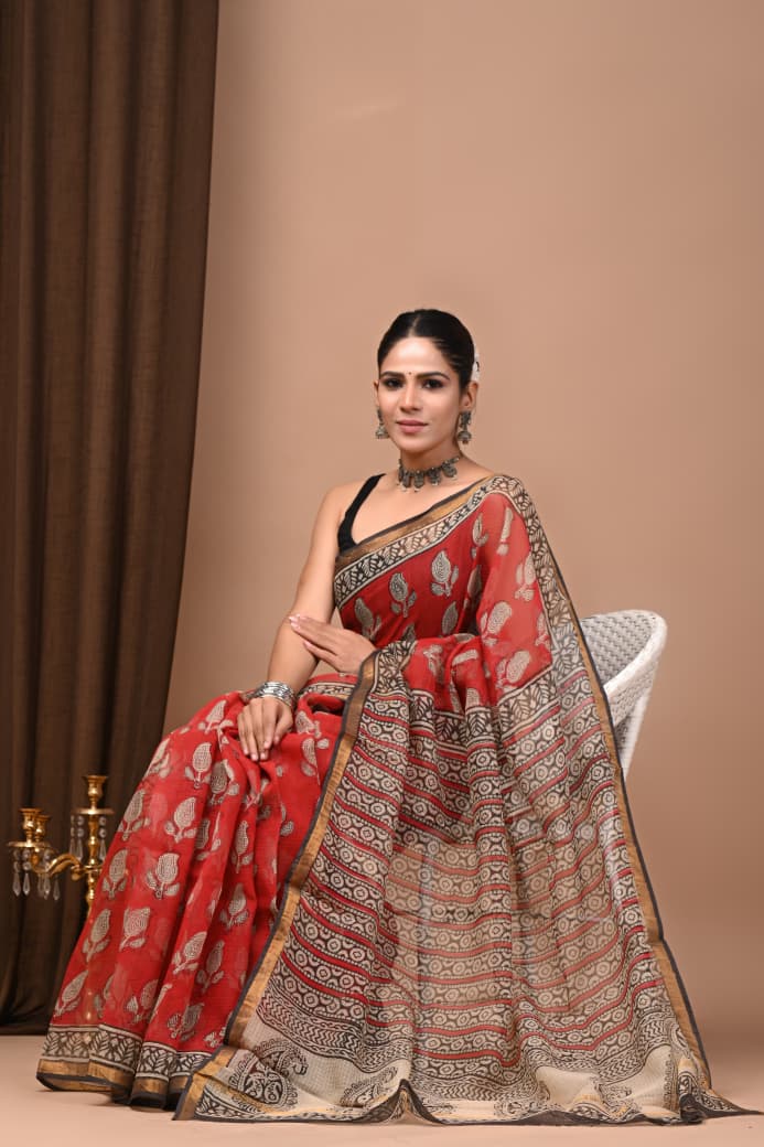 Kota Doria Saree Wholesale in Black Red Stripes, Pure Cotton, Hand Block Printed, Fabtexs