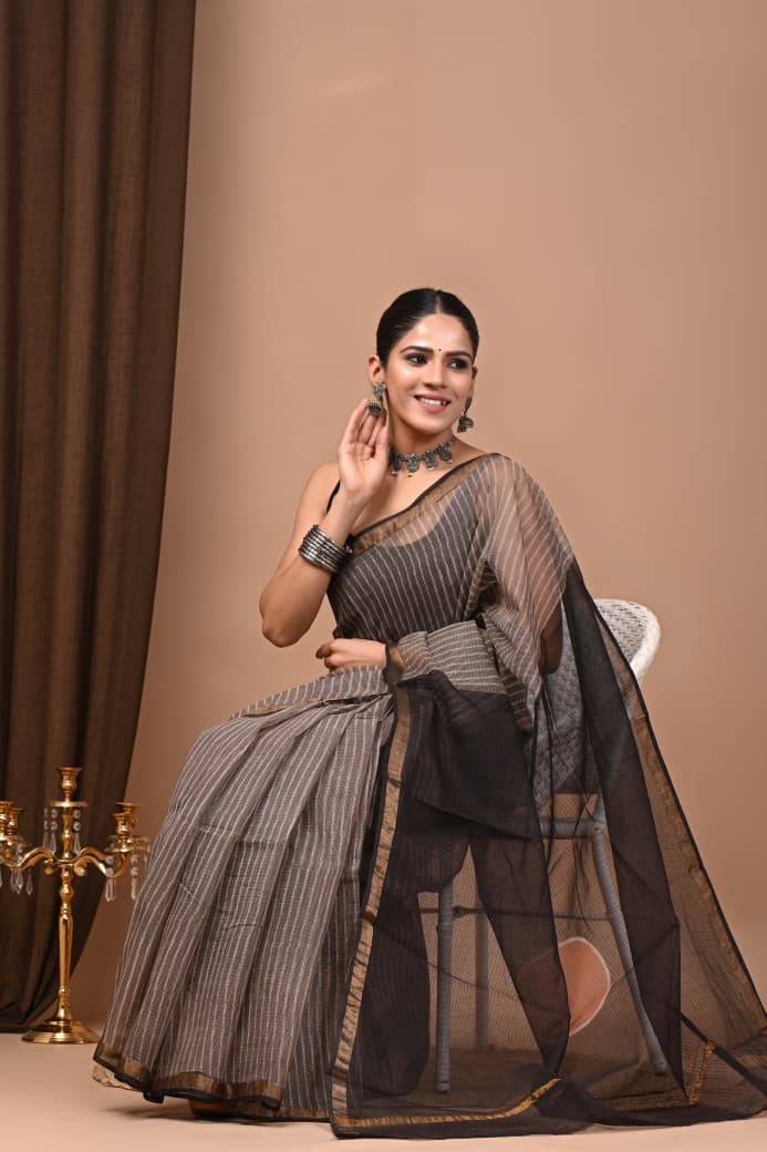 Kota Doria Saree Wholesale in Black Stripes, Pure Cotton, Hand Block Printed, Fabtexs