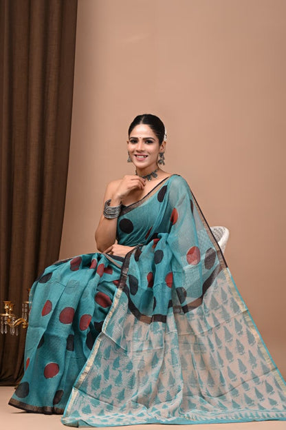 Kota Doria Saree Wholesale in Blue Black White Polka, Pure Cotton, Hand Block Printed, Fabtexs
