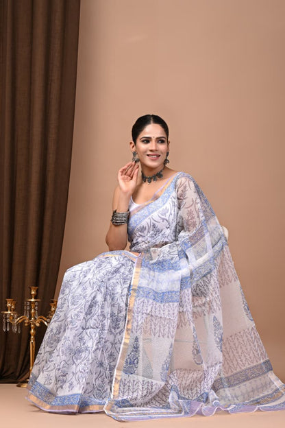 Kota Doria Saree Wholesale in Blue White, Pure Cotton, Hand Block Printed, Fabtexs
