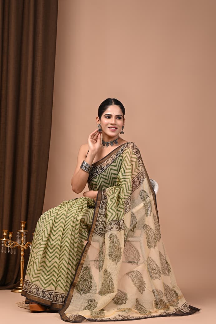 Kota Doria Saree Wholesale in Green Black, Pure Cotton, Hand Block Printed, Fabtexs