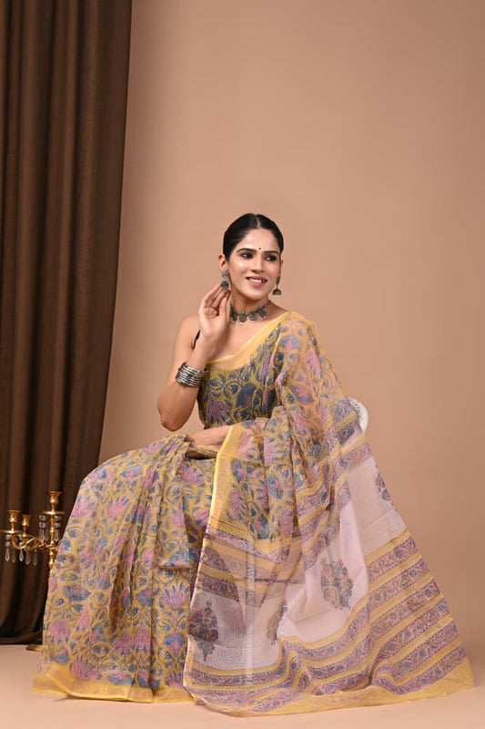 Kota Doria Saree Wholesale in Pink Yellow, Pure Cotton, Hand Block Printed, Fabtexs