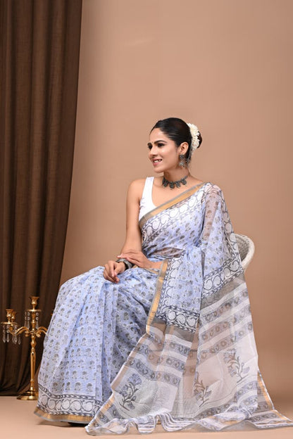 Kota Doria Saree Wholesale in Purple Grey, Pure Cotton, Hand Block Printed, Fabtexs