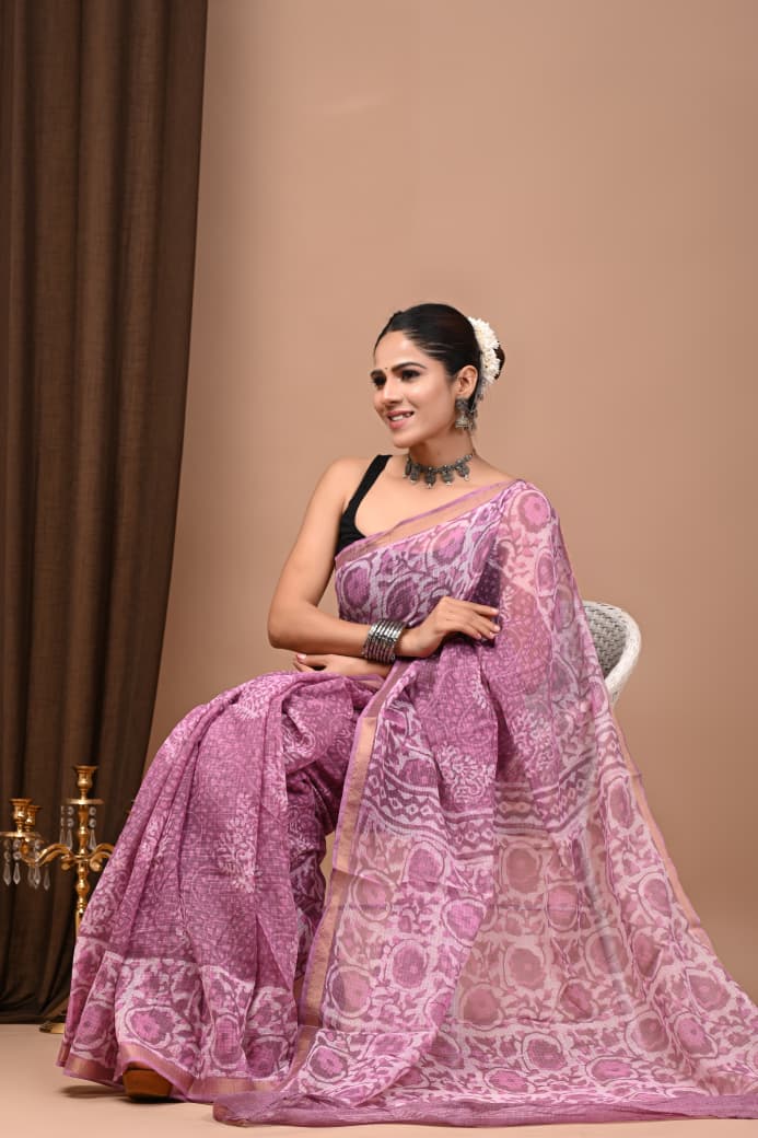 Kota Doria Saree Wholesale in Purple Jaal, Pure Cotton, Hand Block Printed, Fabtexs