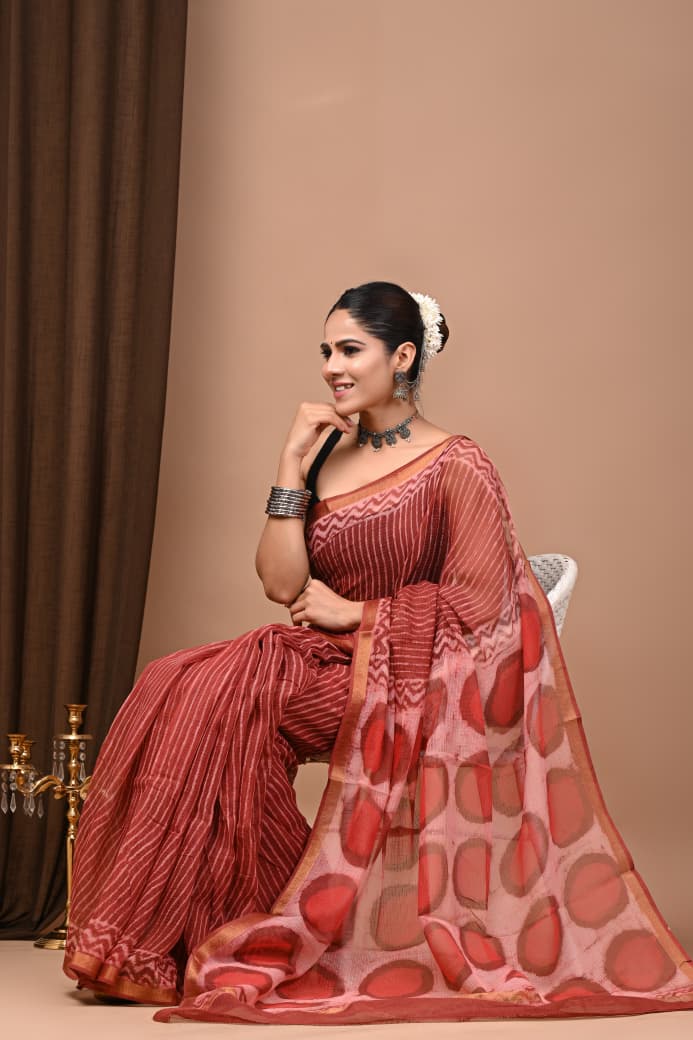 Kota Doria Saree Wholesale in Red Polka, Pure Cotton, Hand Block Printed, Fabtexs