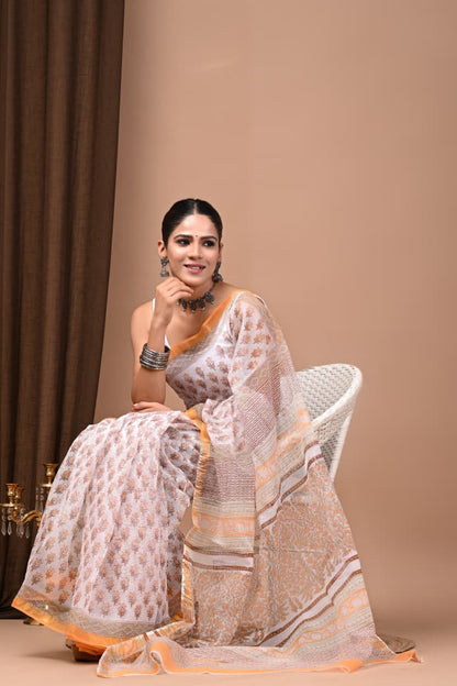 Kota Doria Saree Wholesale in White Pink Yellow, Pure Cotton, Hand Block Printed, Fabtexs