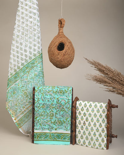 Handcrafted Kota Doria Sea Green Jaal Dress Material – Artisan handblock printed fabric for boutiques, designers & wholesale buyers