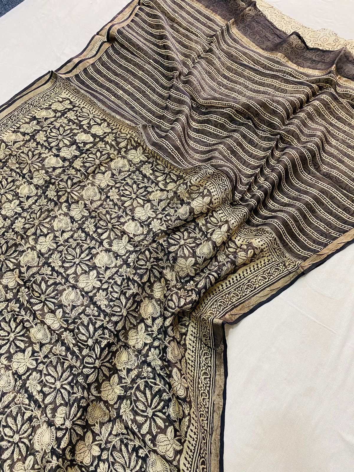 Kota Doria Silk Saree Wholesale in Black Jaal, Hand Block Printed, Fabtexs