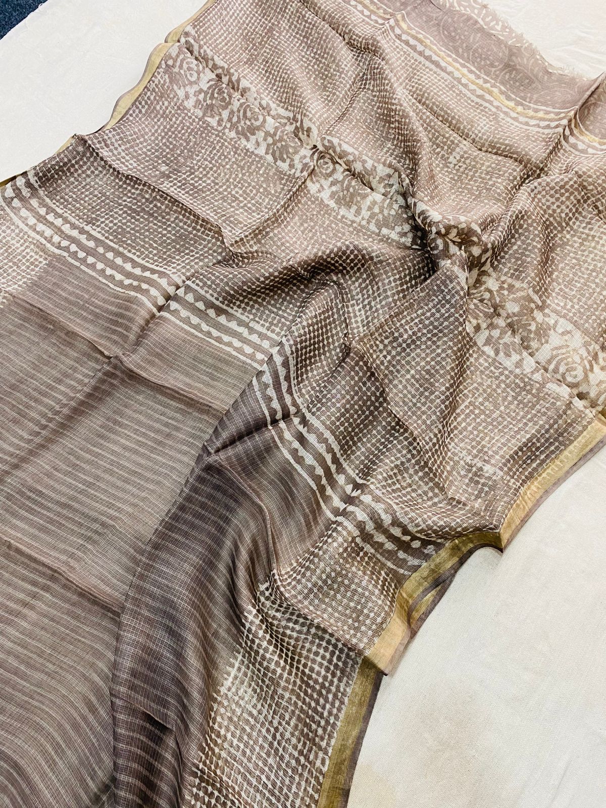 Kota Doria Silk Saree Wholesale in Brown, Hand Block Printed, Fabtexs