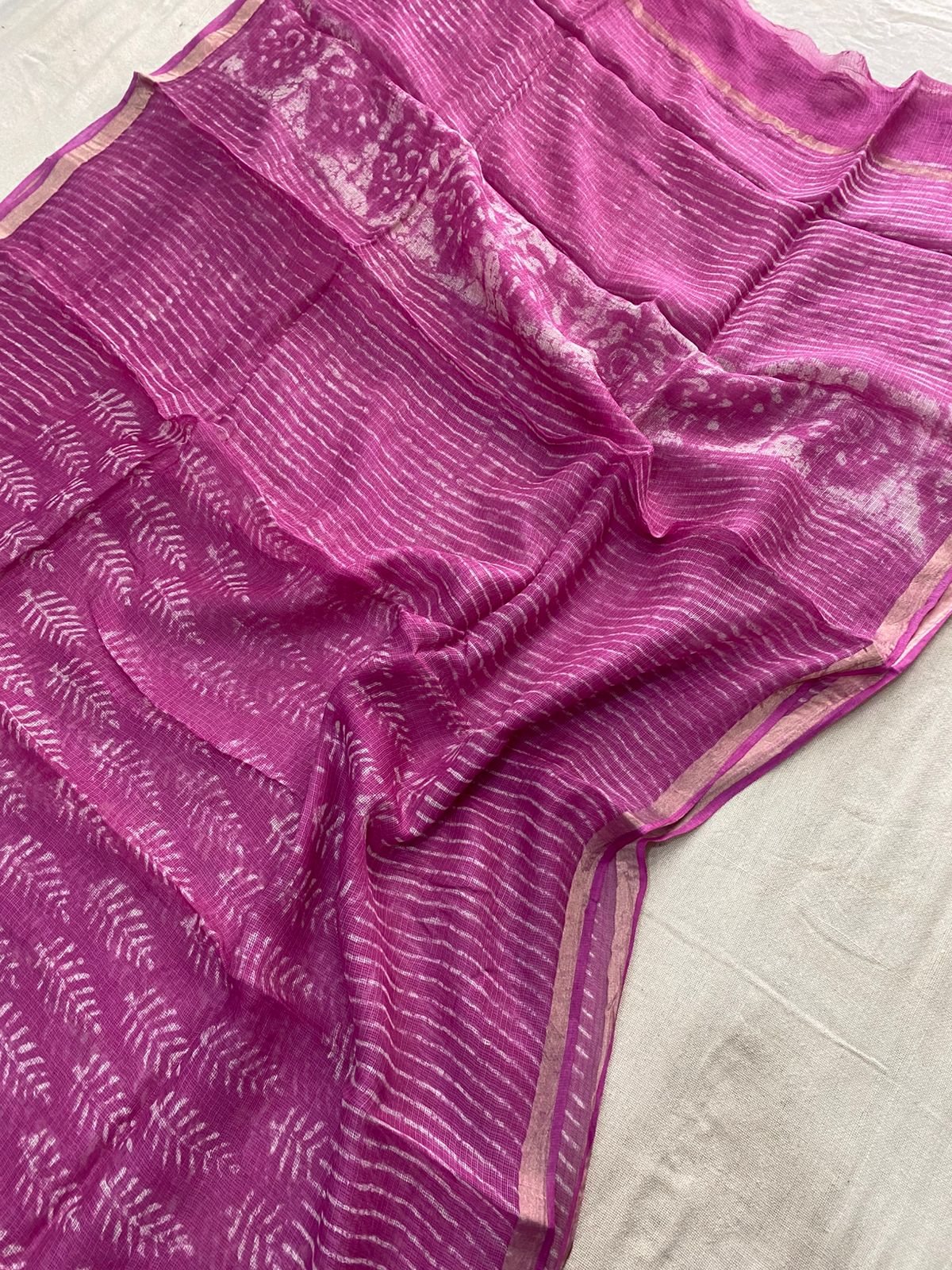 Kota Doria Silk Saree Wholesale in Fuschia Pink, Hand Block Printed, Fabtexs