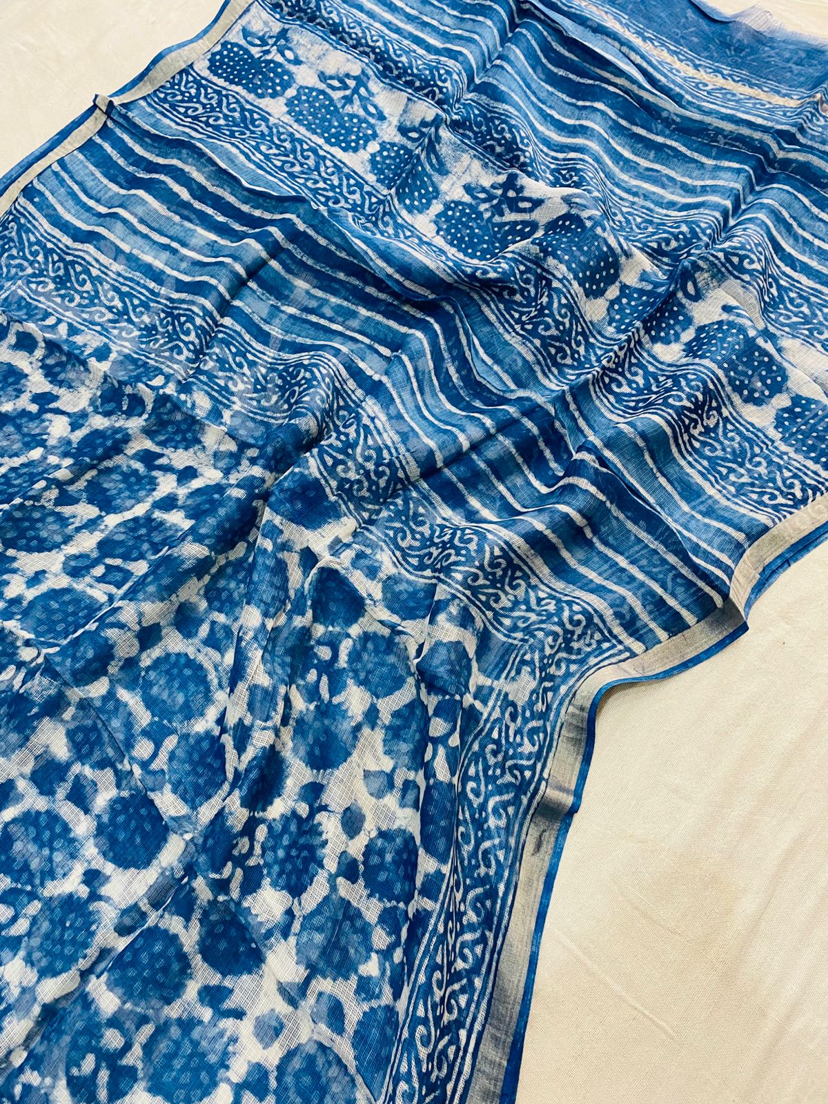 Kota Doria Silk Saree Wholesale in Indigo Blue, Hand Block Printed, Fabtexs
