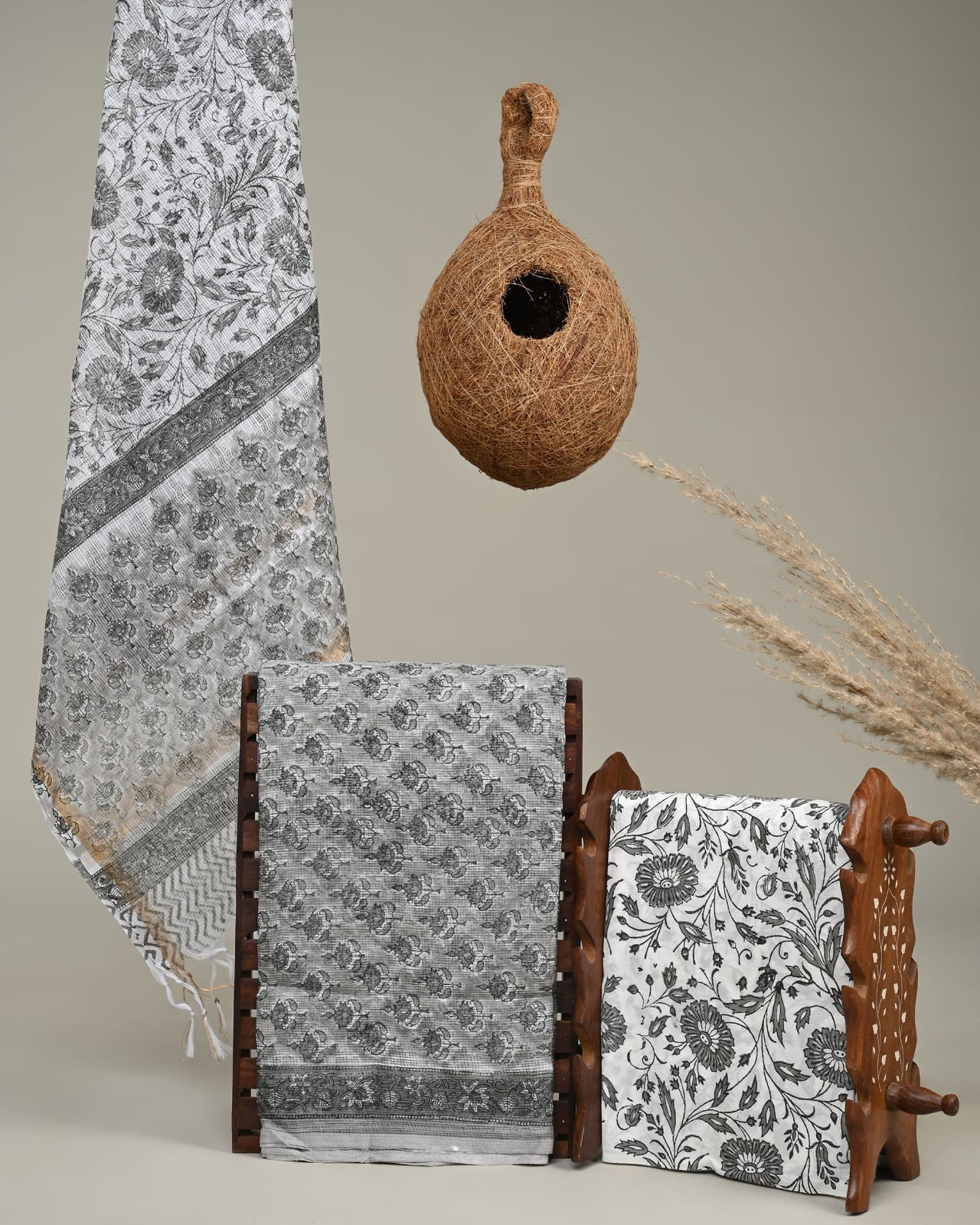 Handcrafted Kota Doria White Grey Jaal Dress Material – Artisan handblock printed fabric for boutiques, designers & bulk orders