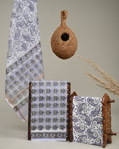 Wholesale Kota Doria White with Purple Butti Dress Material – Handblock printed, artisan-crafted fabric for boutiques, designers & bulk orders