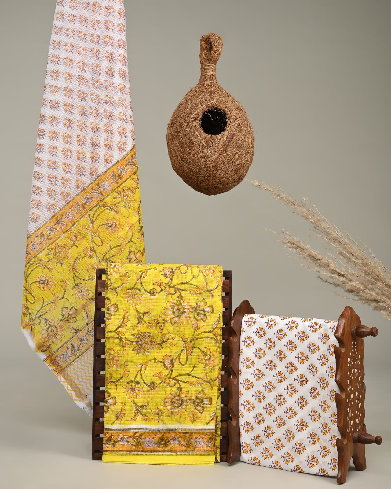 Handcrafted Kota Doria Yellow Floral Jaal Dress Material – Lightweight fabric for boutiques, designers, and bulk orders