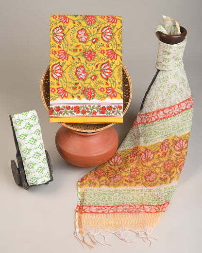 Handblock Printed Kota Doria Yellow Floral Lotus Jaal Dress Material – Lightweight, artisan-crafted fabric for boutiques, designers & wholesale buyers