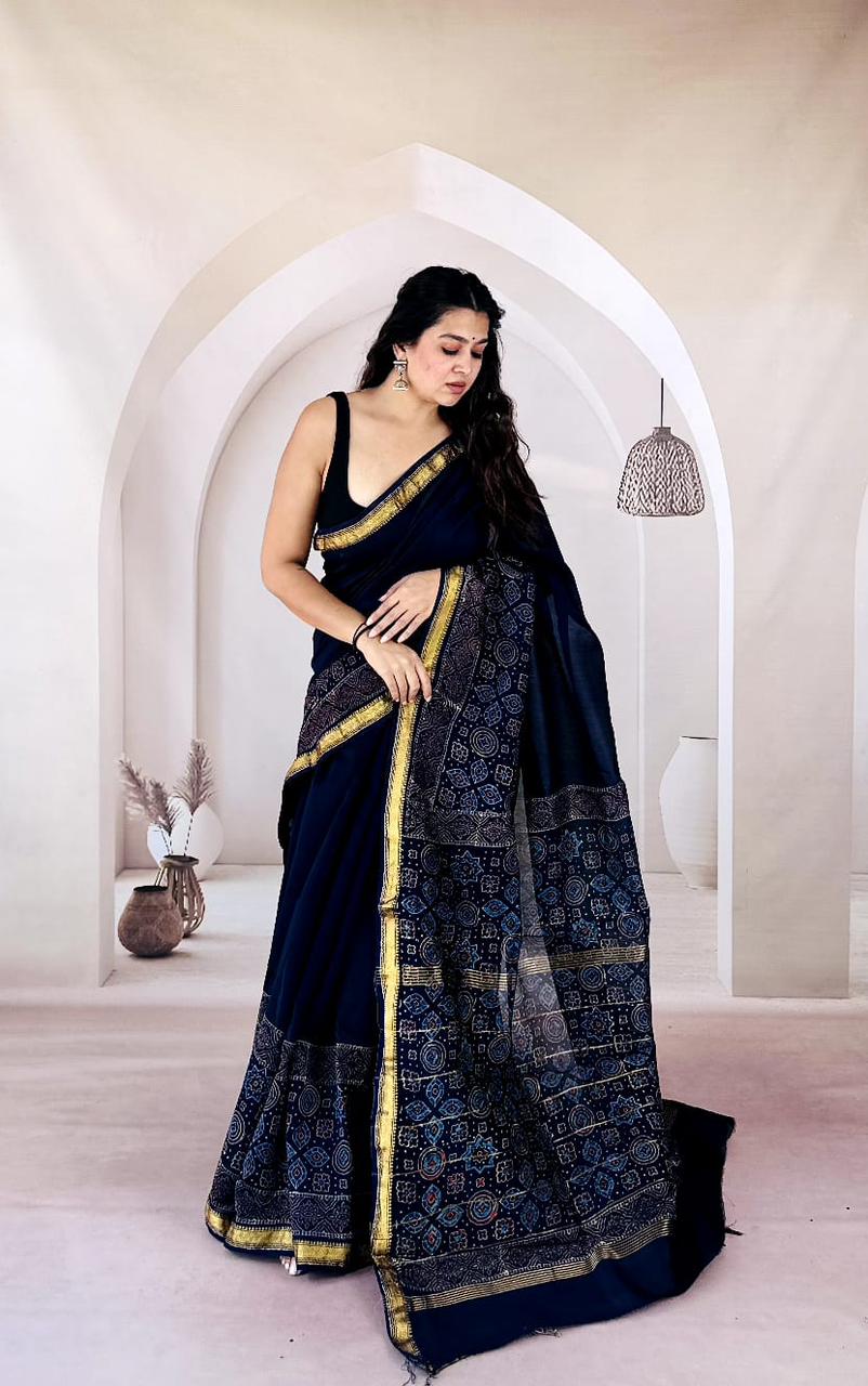 Light Blue Maheshwari Silk Handblock Printed Saree with Floral Jaal – Wholesale Designer Silk Saree