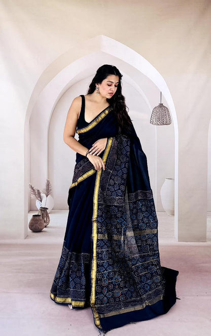 Light Blue Maheshwari Silk Handblock Printed Saree with Floral Jaal – Wholesale Designer Silk Saree