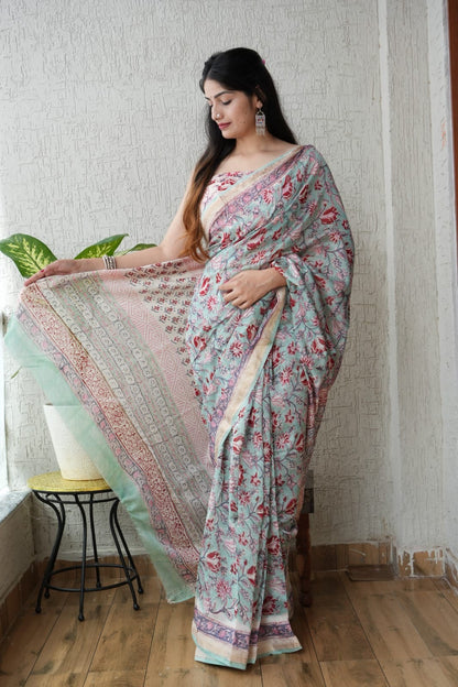 Light Blue Maheshwari Silk Handblock Printed Saree with Floral Jaal – Wholesale Designer Silk Saree