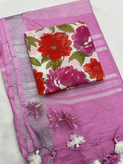 Light Pink Saree with Floral Buta Blouse Fabric – Handcrafted cotton mul handblock saree wholesale for boutiques and retailers