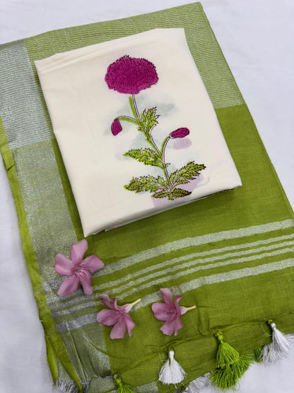 Lime Green Saree with Floral Buta Blouse Fabric – Handcrafted cotton mul handblock saree wholesale for retailers and boutiques