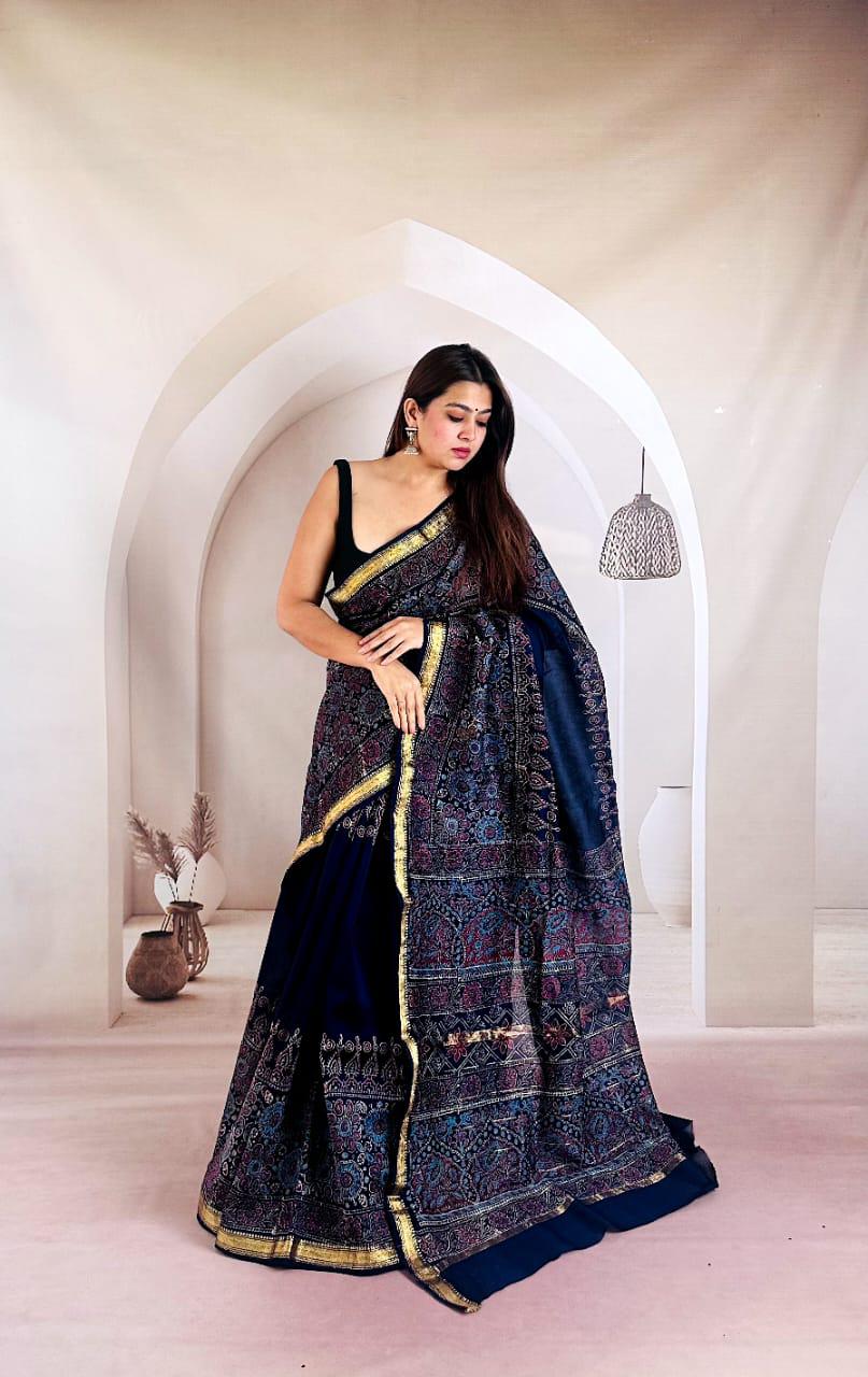 Madder Red Maheshwari Silk Handblock Printed Saree with Booty Jaal Design – Wholesale Silk Saree