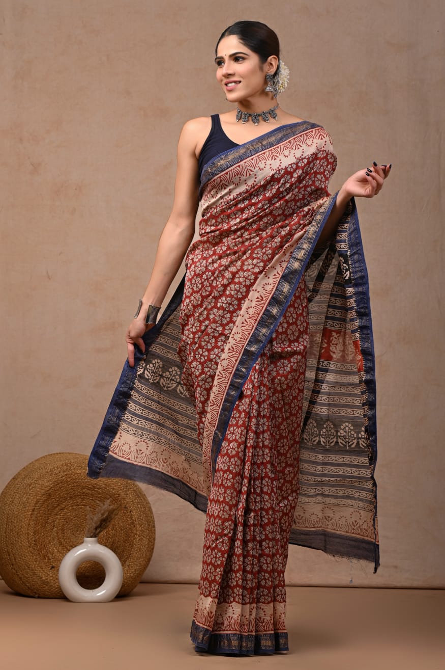 Madder Red Maheshwari Silk Handblock Printed Saree with Booty Jaal Design – Wholesale Silk Saree
