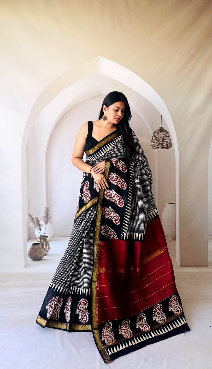 Madder Red Maheshwari Silk Handblock Printed Saree with Floral Jaal – Wholesale Silk Saree