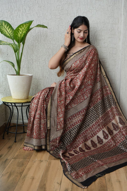 Madder Red Maheshwari Silk Handblock Printed Saree with Floral Jaal – Wholesale Silk Saree