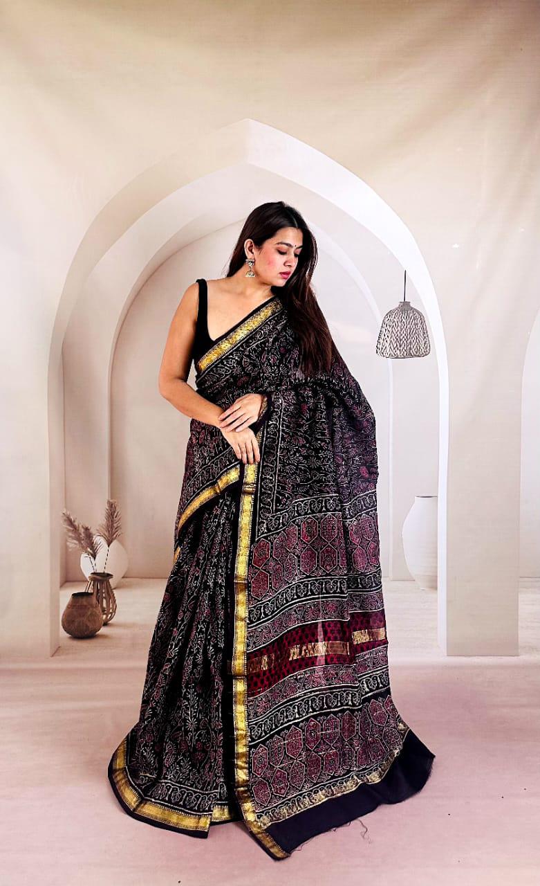 Madder Red Maheshwari Silk Handblock Printed Saree with Floral Jaal and Printed Pallu – Wholesale Silk Saree