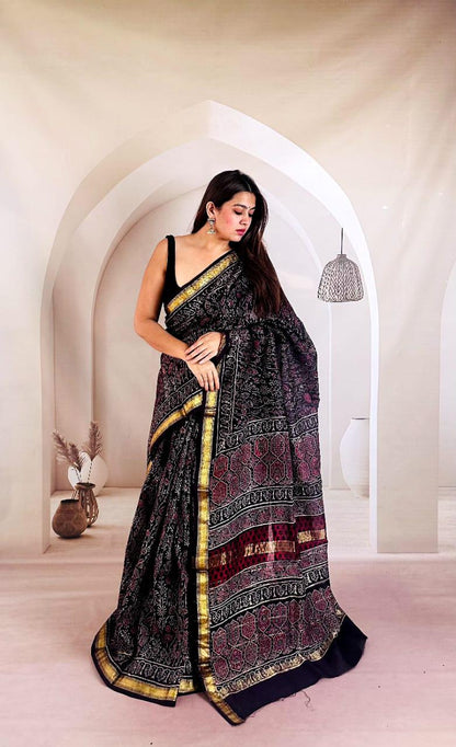 Madder Red Maheshwari Silk Handblock Printed Saree with Floral Jaal and Printed Pallu – Wholesale Silk Saree