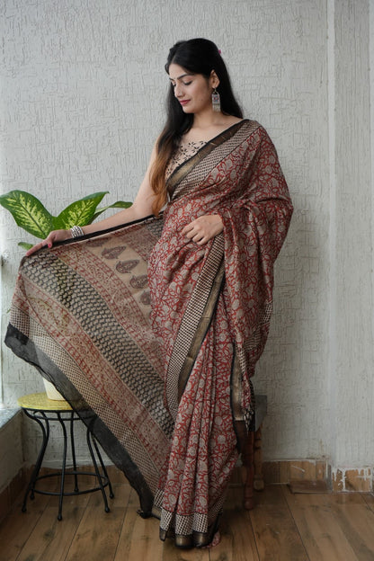 Madder Red Maheshwari Silk Handblock Printed Saree with Floral Jaal and Printed Pallu – Wholesale Silk Saree