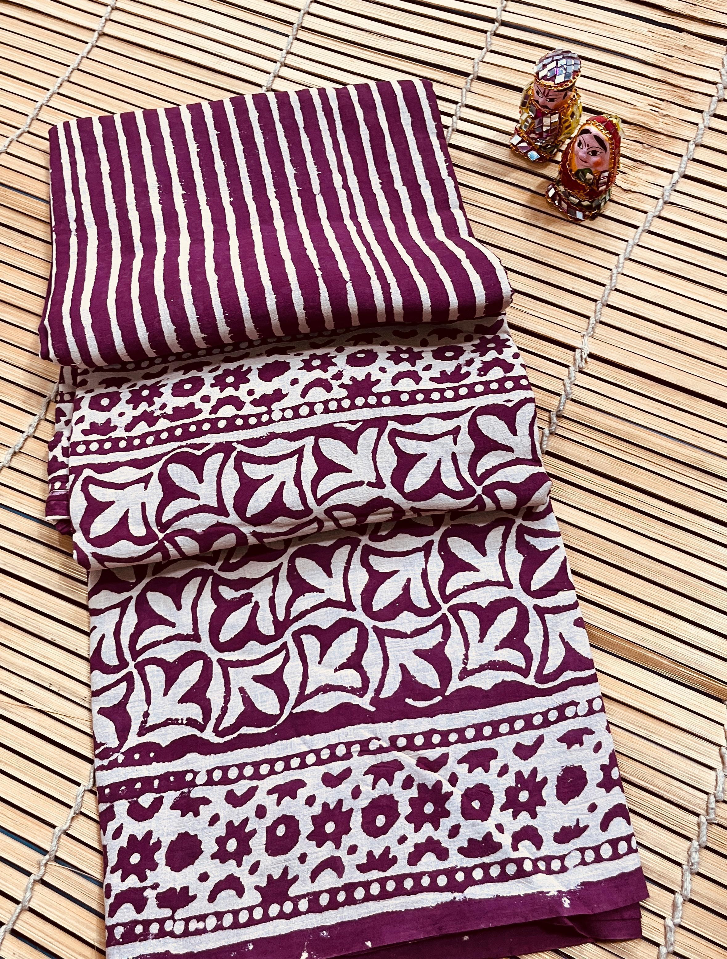 Magenta Stripes Design Cotton Mul Handblock Saree – Premium wholesale saree for retailers and boutiques