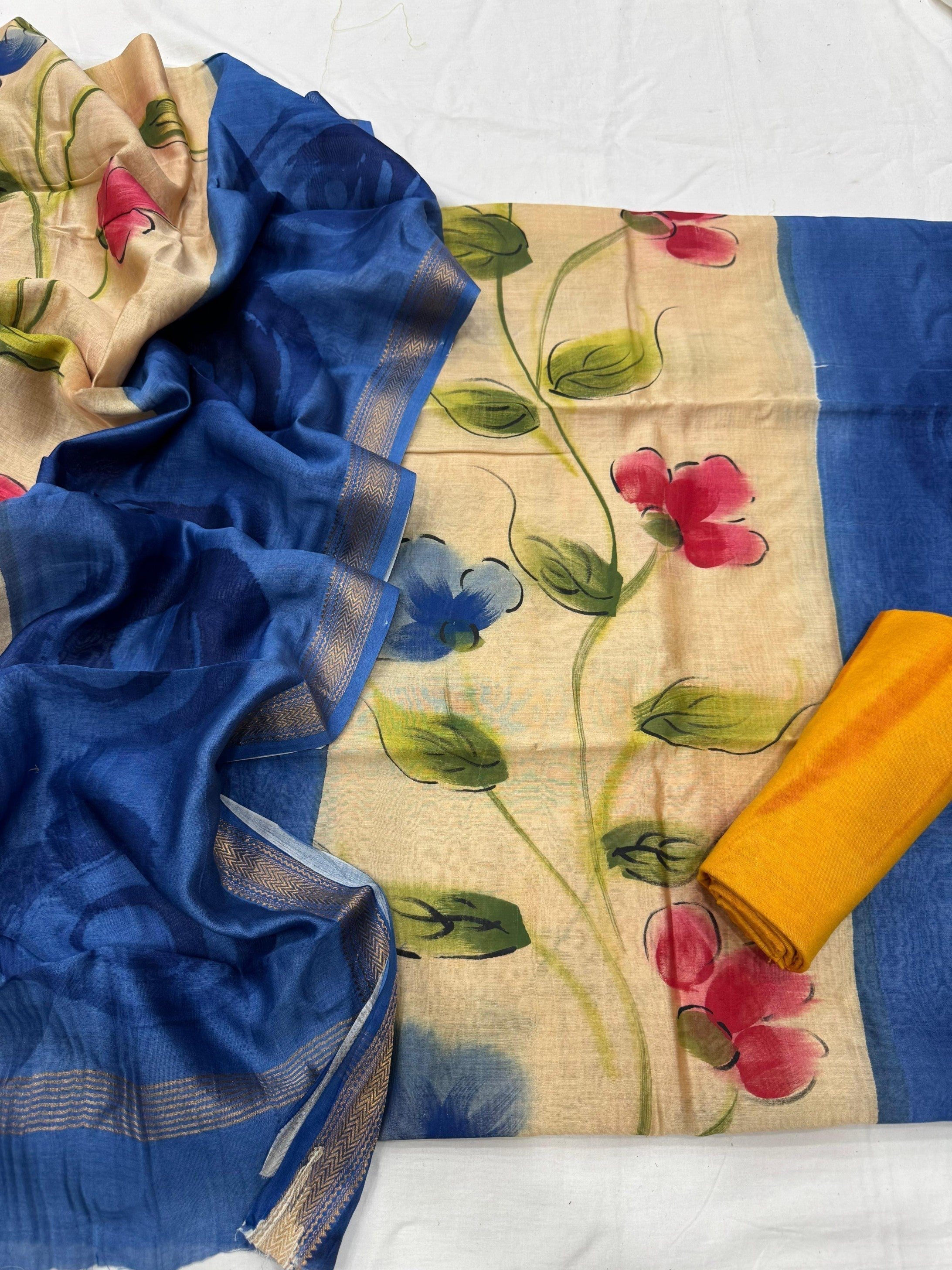 Maheshwari Silk Blue Hand-Painted Florals Dress Material – Wholesale handloom fabric for designers and boutiques