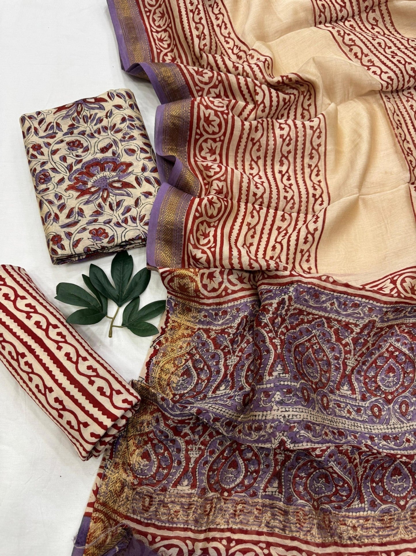 Handcrafted Maheshwari Silk Cream Purple Floral Jaal Dress Material – Artisan silk fabric for boutique and bulk orders