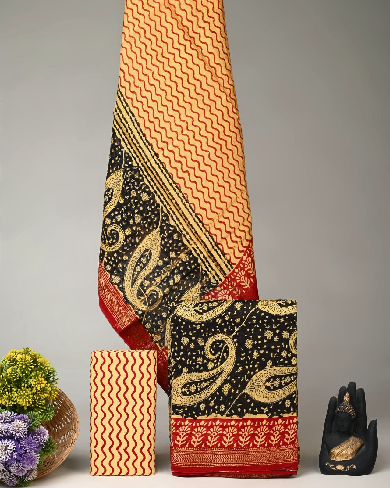 Black Maheshwari silk dress material wholesale, handblock printed silk suit set by Fabtexs