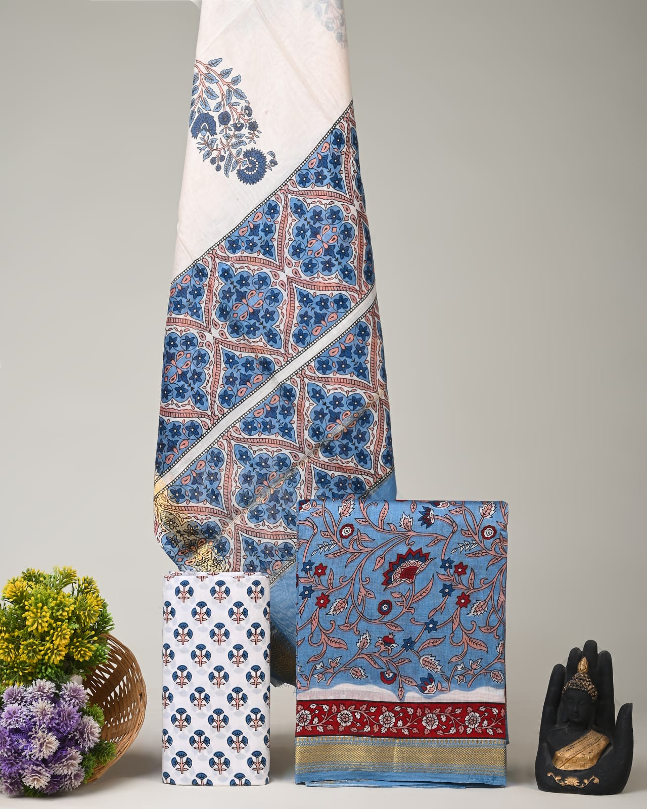 Blue Maheshwari silk dress material wholesale, handblock printed silk suit set by Fabtexs