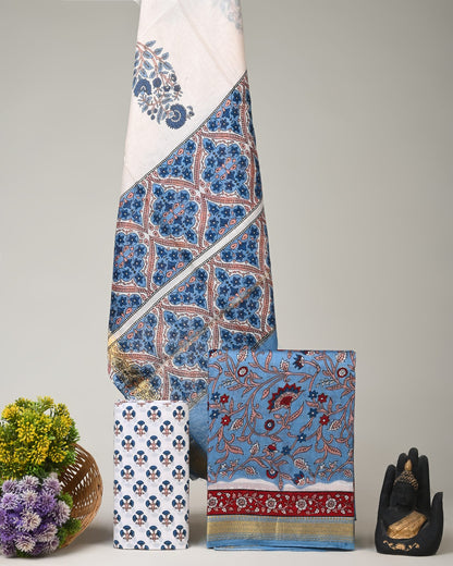 Blue Maheshwari silk dress material wholesale, handblock printed silk suit set by Fabtexs