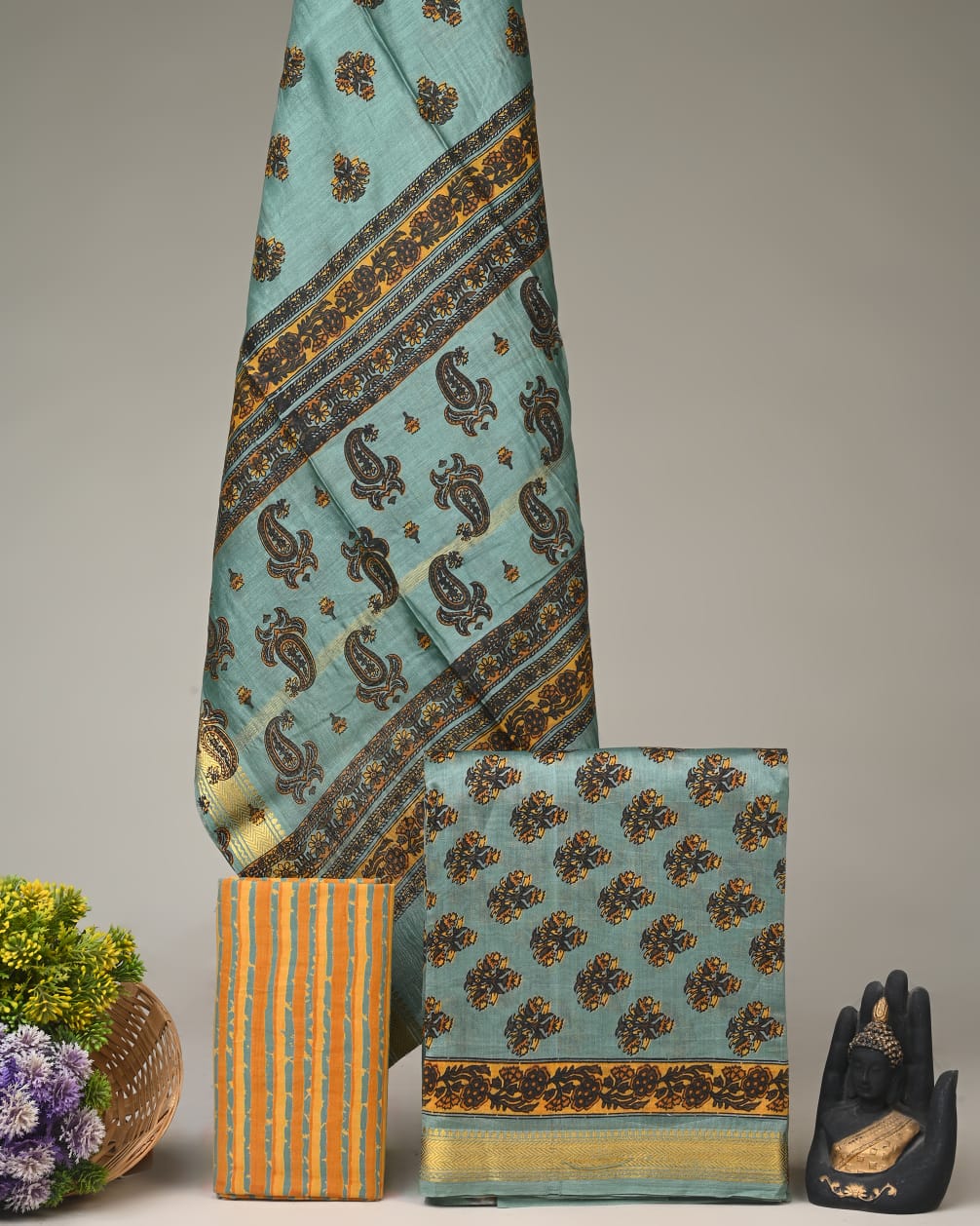 Blue gold butti Maheshwari silk dress material wholesale, handblock printed silk suit set by Fabtexs